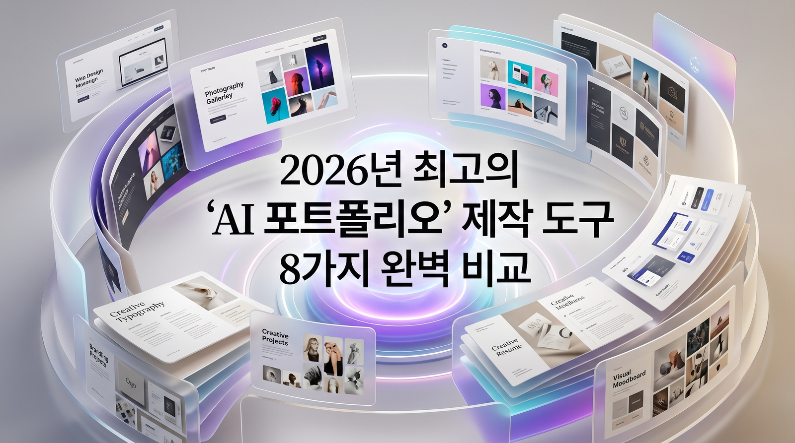 HIX.AI, Replit, Figma 등 8가지 주요 AI 포트폴리오 제작 도구를 비교 분석하는 시각적 인포그래픽
