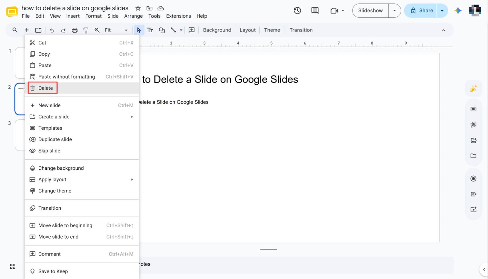 Menghapus slide di Google Slides melalui Klik Kanan