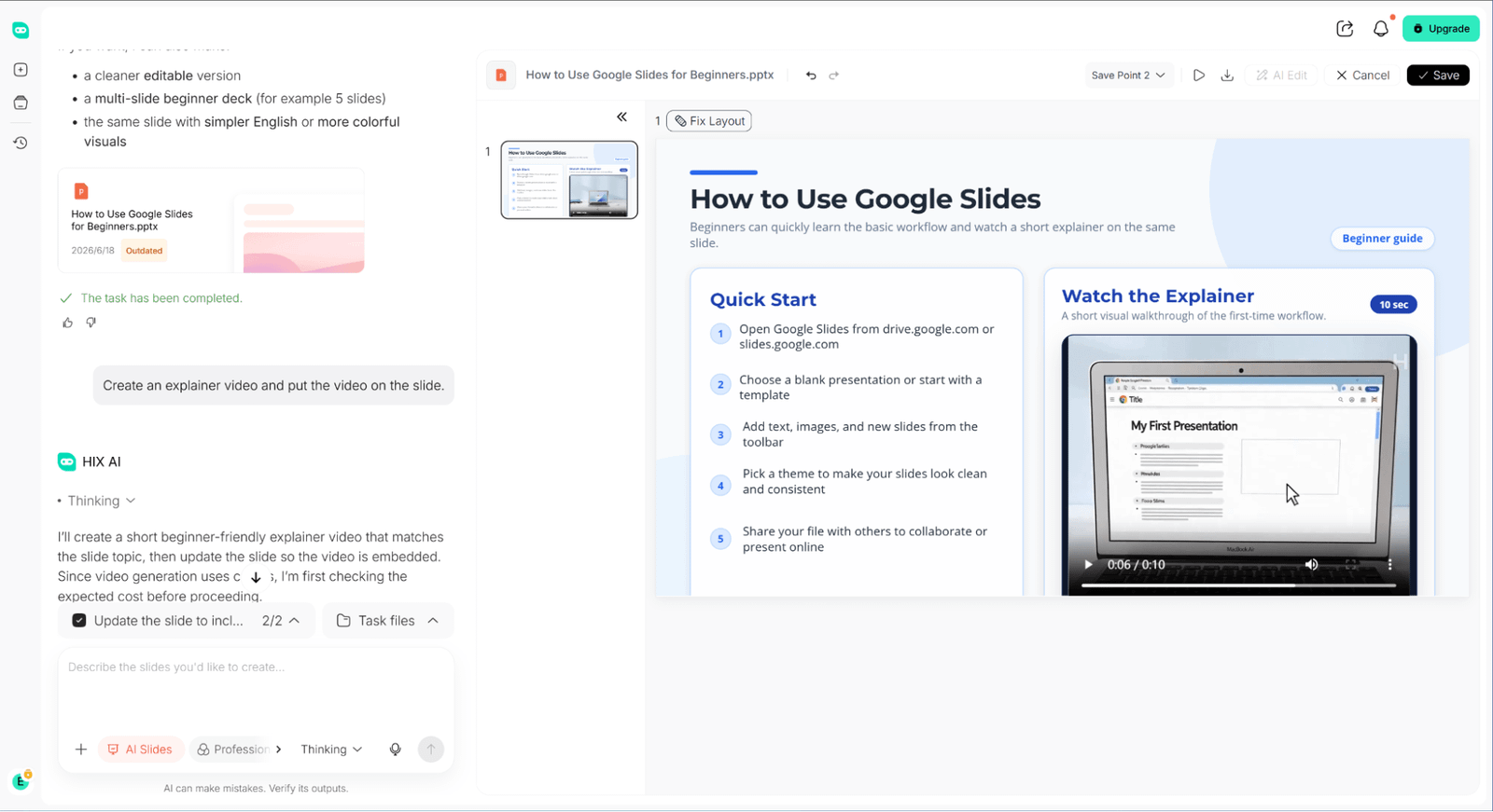 HIX AI Slides Agente insertar video