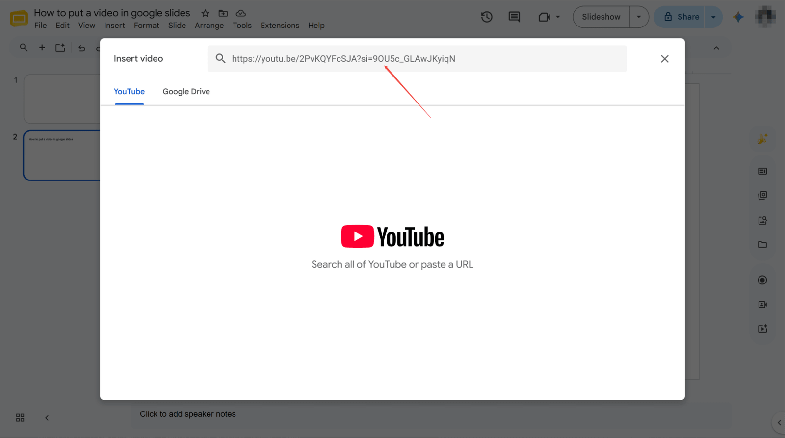 pega el enlace del video de YouTube