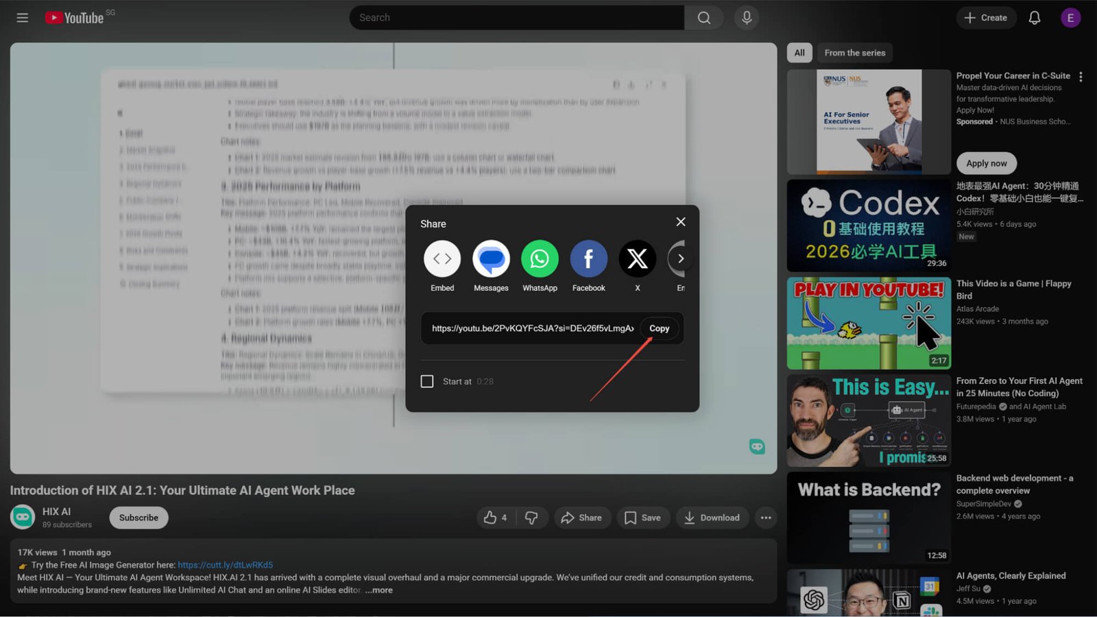 Copiar enlace de video de YouTube